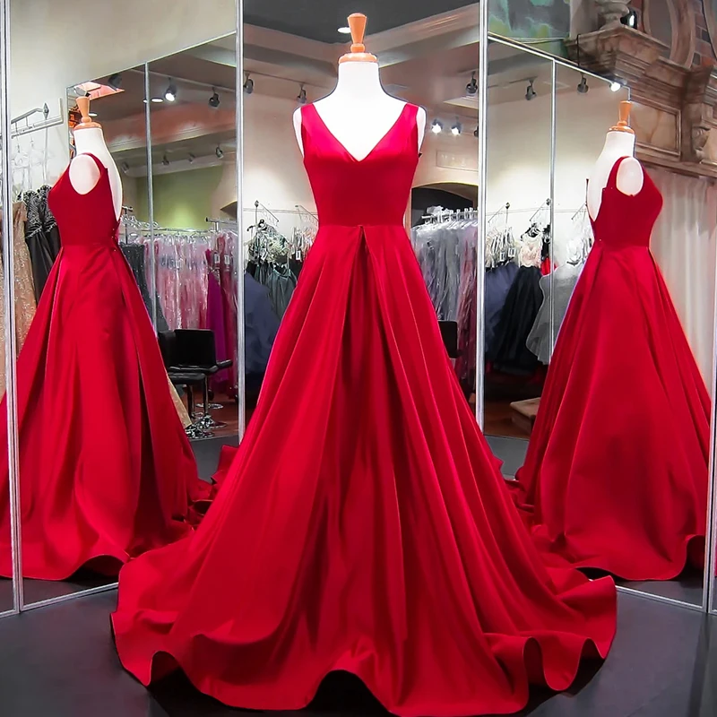 Simple Style V Neck Sleeveless Zipper Up Back A Line Chapel Train Red Satin Cheap Prom Dress
Simple Style V Neck Sleeveless Zipper Up Back A Line Chapel Train Red Satin Cheap Prom Dress