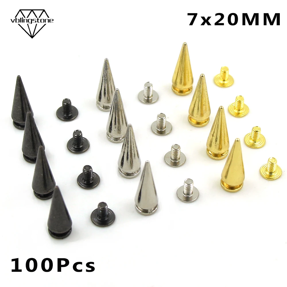 

100 Pcs Gold Silver Cone Spikes Screw Rivets Metal Bullet Studs And Spikes For Punk Leather Craft Diy Thorns On Clothes 7x20mm