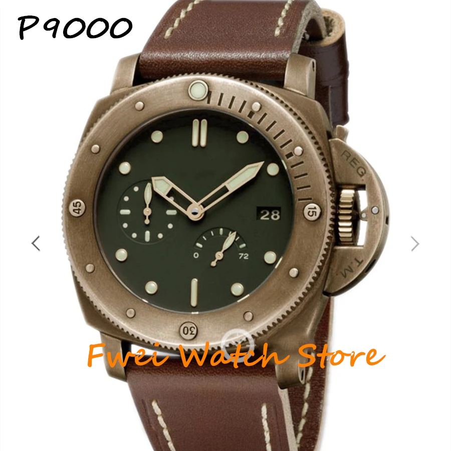 Мужские автоматические часы p9000 чехол из бронзы 47 мм с кожаным ремешком | Наручные
