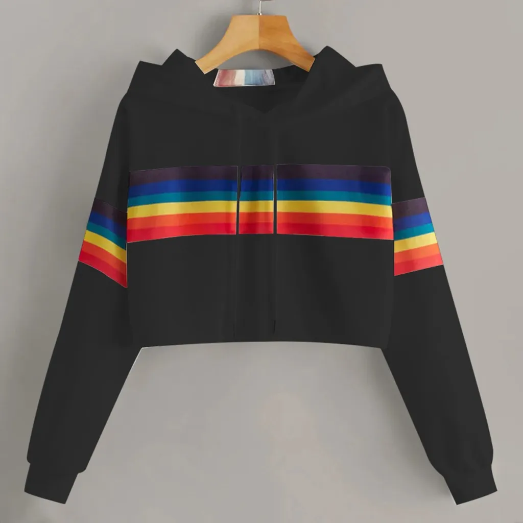 Jaycosin 2019 Fashion Autumn Women Rainbow Stripe Sweatshirt Stylish Long Sleeve Comfortable Female Casual Crop Blouse 930#10