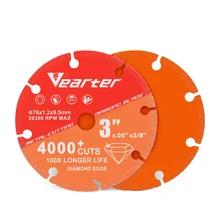 Vearter 76mmX9.5mm Vacuum Brazed Diamond Cutting Disc 3''X3/8'' Wheel Saw Blade For Metal Rebar Cast Iron and Stainless Steel
Vearter 76mmX9.5mm Vacuum Brazed Diamond Cutting Disc 3''X3/8'' Wheel Saw Blade For Metal Rebar Cast Iron and Stainless Steel