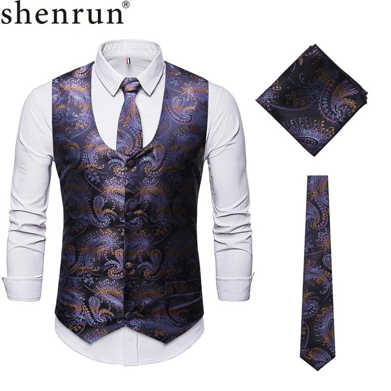 

Shenrun Vests Banquet Stage Wedding Groom Party Prom Paisley Pattern Ball Singer Host Waistcoats Dancer Tie Square 3 Pieces Set