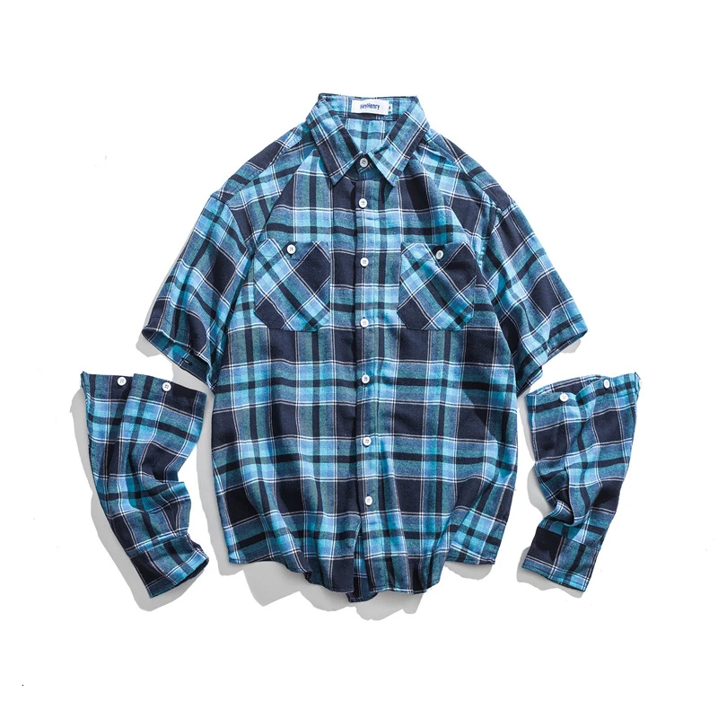 

Zollrfea Removable Button Sleeve Plaid Shirts Mens 2019 Autumn Pockets Shirt Hip Hop Streetwear Casual Designer Male Shirt Coat