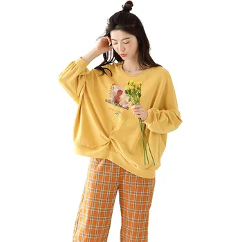 Autumn women's home service suit, thin pullover plaid trousers, long-sleeved pajamas women's two-piece suit
Autumn women's home service suit, thin pullover plaid trousers, long-sleeved pajamas women's two-piece suit