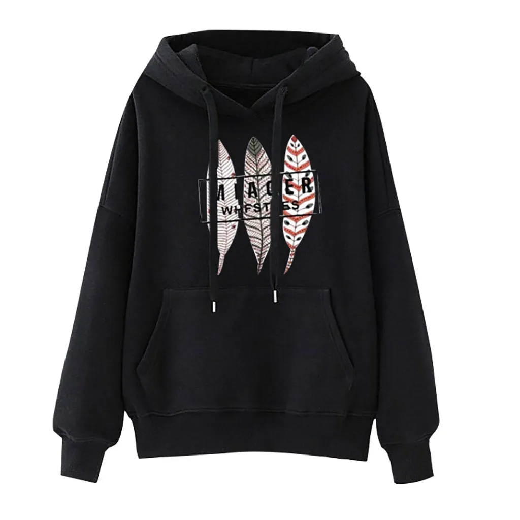 2019 Feather Print Drawstring Hoodies Women Long Sleeve Pullover Pockets Female Sweatshirts Black White Poleron Mujer
2019 Feather Print Drawstring Hoodies Women Long Sleeve Pullover Pockets Female Sweatshirts Black White Poleron Mujer