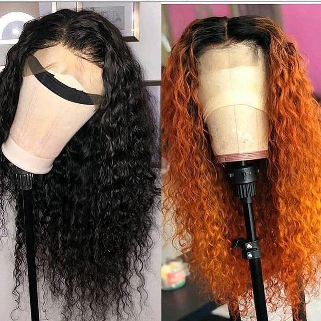 Orange Ombre Color Curly Lace Front With Baby Hair 13*4 Brazilian Remy Hair Lace Wig Middle Part Bleached Knots
