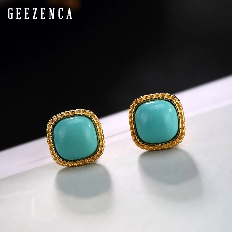 925 Sterling Silver Gold Plated Turquoise Stud Earrings For Women Trendy Vintage Square Gemstone Earring Fine Jewelry Party Gift
925 Sterling Silver Gold Plated Turquoise Stud Earrings For Women Trendy Vintage Square Gemstone Earring Fine Jewelry Party Gift