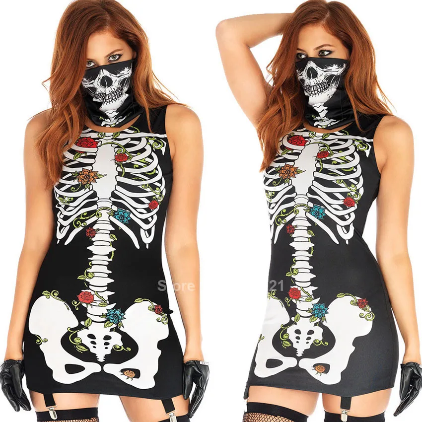 Halloween Female Skeleton Rose Print Cosplay Costume Masquerade Scary Sexy Zombie Ghost Sleeveless Mini Stretchy Dress with Mask
Halloween Female Skeleton Rose Print Cosplay Costume Masquerade Scary Sexy Zombie Ghost Sleeveless Mini Stretchy Dress with Mask