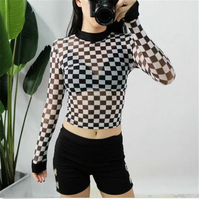 Sexy Black White Plaid Checkerboard Shirts Women Hollow Out Slim Top Female Shirt Fashion Long Sleeve Tee Shirts New Clothing
Sexy Black White Plaid Checkerboard Shirts Women Hollow Out Slim Top Female Shirt Fashion Long Sleeve Tee Shirts New Clothing