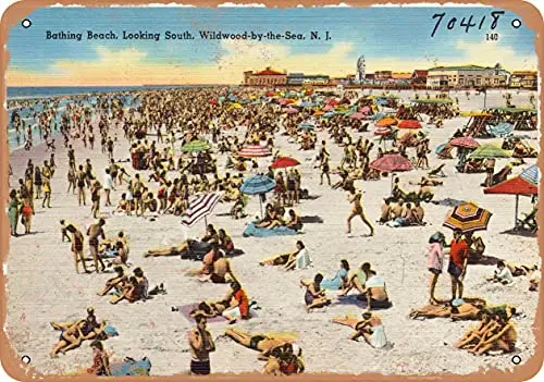 

Metal Sign - New Jersey Postcard - Bathing Beach, Looking South, Wildwood-by-The-Sea, N. J. - Vintage Rusty Look Wall Decor for