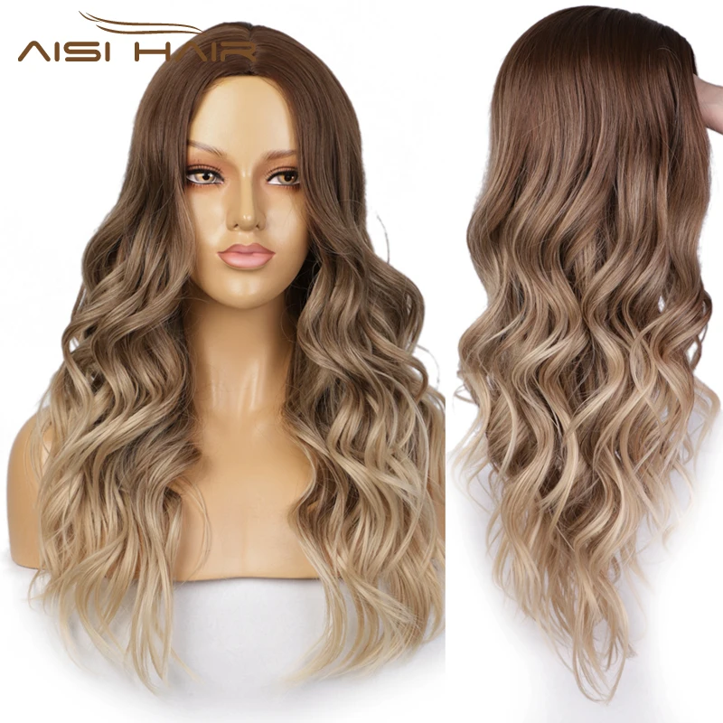AISI HAIR 24 дюйма натуральные волнистые длинные парики средняя часть коричневый