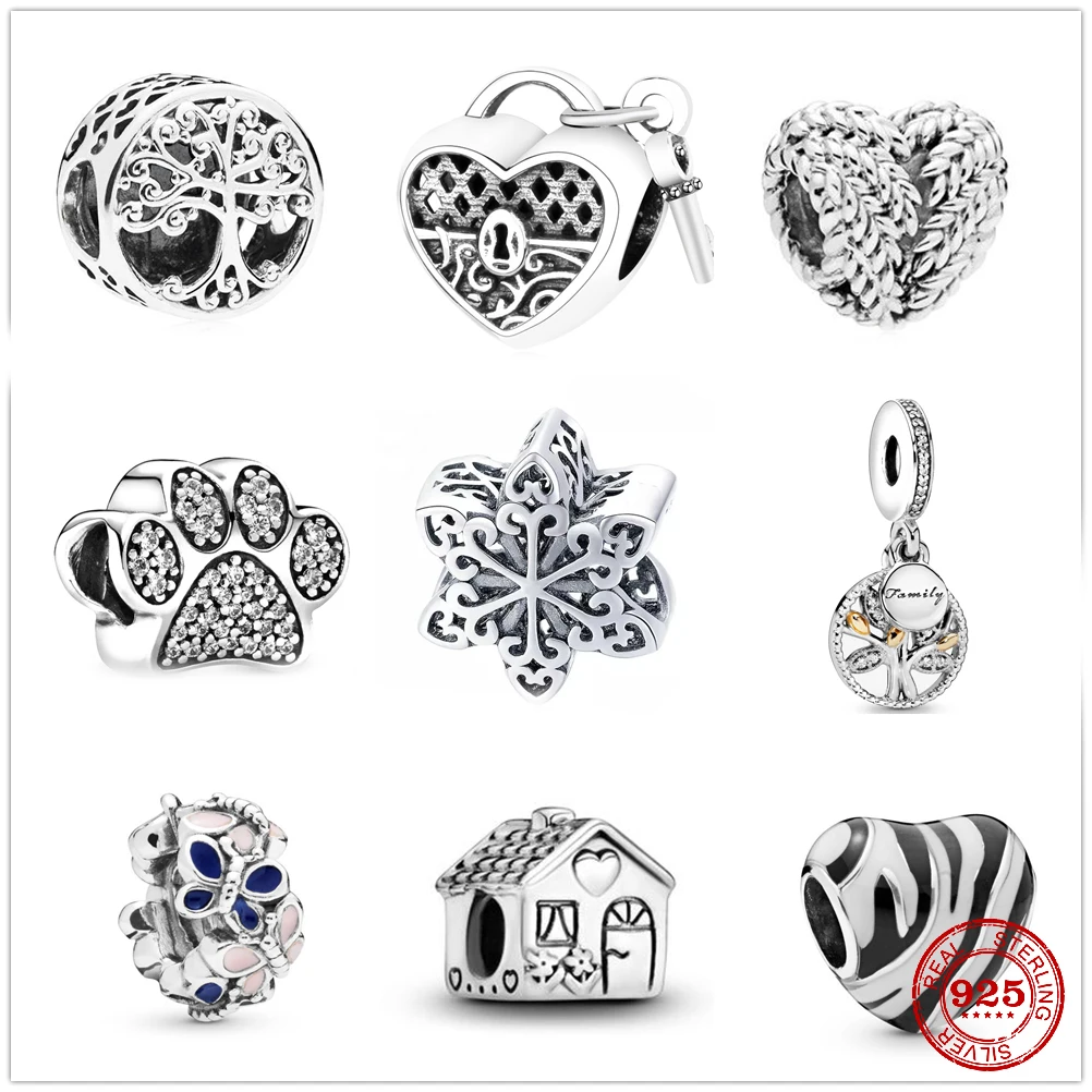 

100% 925 Sterling Silver Tree Snowflake house Heart Dangle Beads Fit Original Pandora Charms Bracelets DIY Women Jewelry gift