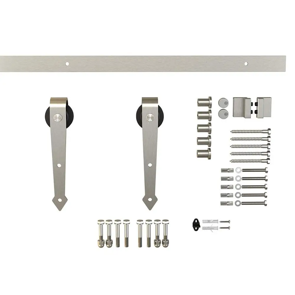 

6.6ft 1 Rail Satin Nickel Steel Strap Sliding Barn Door Hardware Track Kit,Arrow Hanger Roller