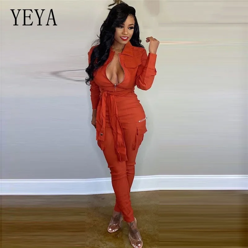 

YEYA Elegant Women Bodycon Jumpsuit Long Sleeve Zipper V Neck Solid Vintage Romper Office Lady Long Pants Overalls