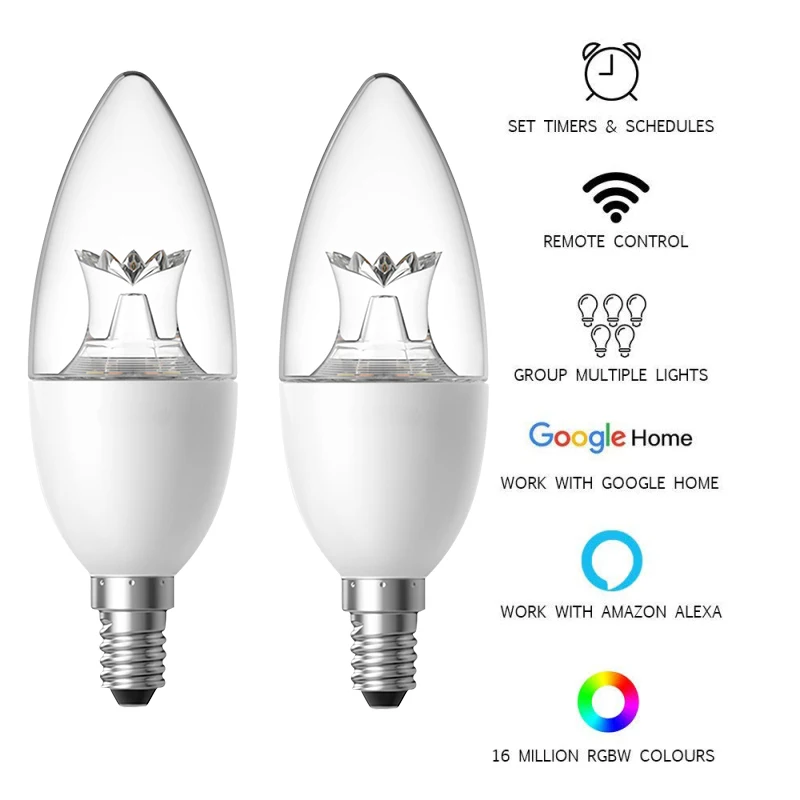 1PC Smart WiFi Candle Bulb Lamp E27/E14 RGB Bulb AC85-265V Dimmable Support Alexa/Google Home/IFTTT Control By Smart Phone APP
1PC Smart WiFi Candle Bulb Lamp E27/E14 RGB Bulb AC85-265V Dimmable Support Alexa/Google Home/IFTTT Control By Smart Phone APP