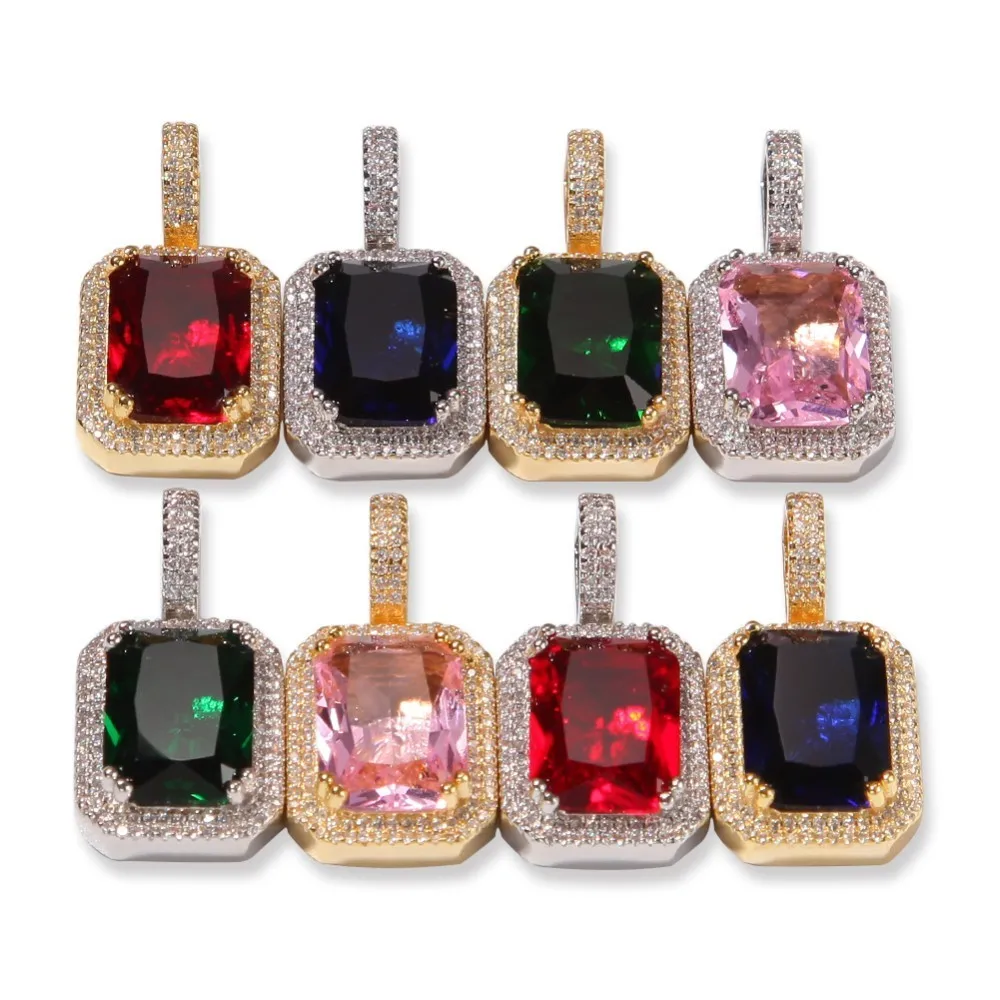 uwin iced cubic zirconia gem necklace pendant pink/blue/green