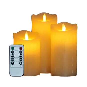 

3 Flickering Flameless Pillar Led Candle Remote Controlled Timer Moving Dancing Wick Melted Edge Wedding Xmas Party-amber