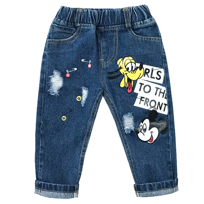 

New Kids Mickey Trousers Girl Cartoon Jeans Children Boys Hole Jeans Fashion Denim Pants Baby Elastic Jean Infant Clothing 1-6Y