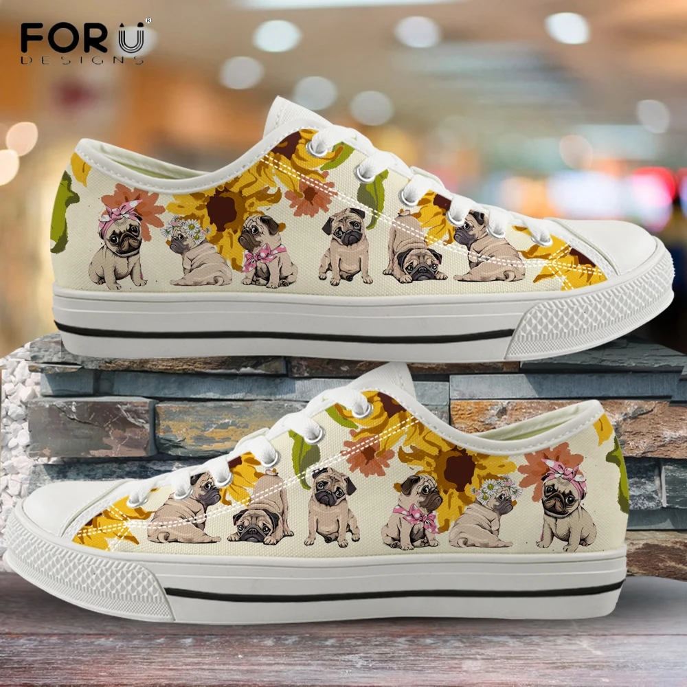 

FORUDESIGNS Yellow Sunflower Pattern Pug Dog Pattern Woman Shoes Sneakers 2019 New Spring/Autumn Low Top Shoes Light Ladies Shoe