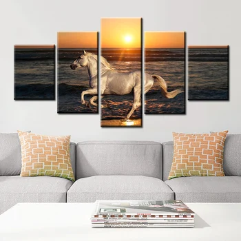 

HD Prints 5 Panels Running Steed Sea Sunset Canvas Paintings Clouds Animal Horses Poster Wall Art for Living Room Decor Pictures