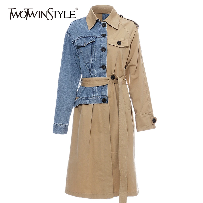 

TWOTWINSTYLE Asymmetrical Patchwork Denim Women's Trench Coats Lapel Collar Long Sleeve Loose Female Windbreaker 2019 Autumn New