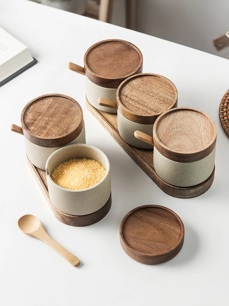Seasoning Jar Ceramic Three-piece Kitchen Seasoning Set Acacia Wooden Tray Environmental Protection Container Storage Jar
Seasoning Jar Ceramic Three-piece Kitchen Seasoning Set Acacia Wooden Tray Environmental Protection Container Storage Jar