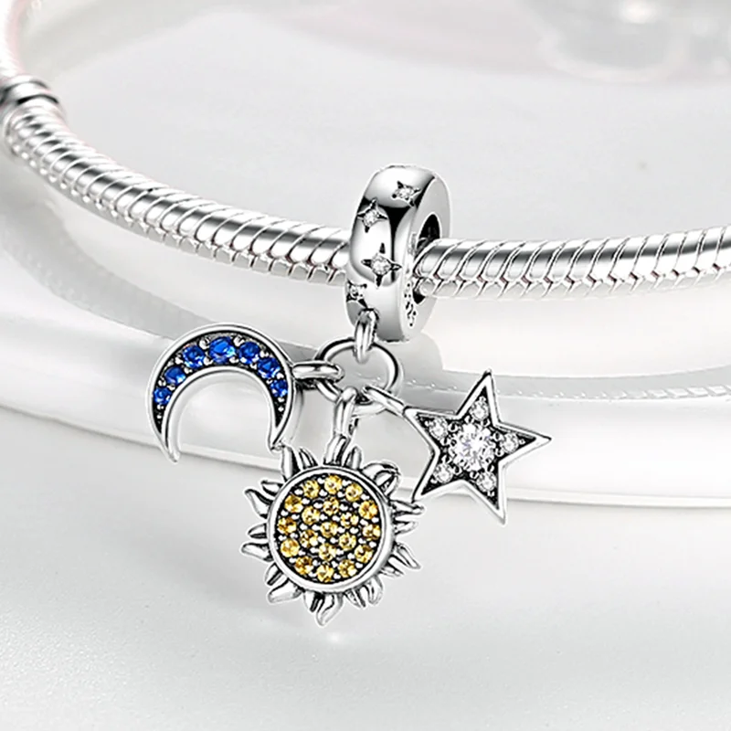 

plata charms of ley 925 original Fit Original Pandach Bracelet Necklace Sun Moon Stars Pendant Charms Beads Women Fine Jewelry