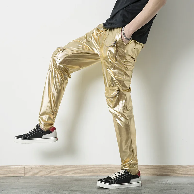 Metallic Bright Surface Imitation Leather Pants Multi-pocket Hot Stamping Casual Pants Male Gold Silver Harem Pants Nightclub
Metallic Bright Surface Imitation Leather Pants Multi-pocket Hot Stamping Casual Pants Male Gold Silver Harem Pants Nightclub