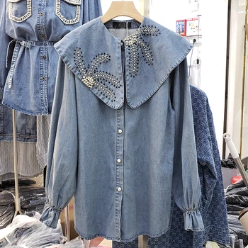2020 Spring and Summer New Jean Shirts Woman Thin Cowboy Long-sleeved Shirt Women's Denim Coat Girls Beaded Diamonds Jean Blouse
2020 Spring and Summer New Jean Shirts Woman Thin Cowboy Long-sleeved Shirt Women's Denim Coat Girls Beaded Diamonds Jean Blouse