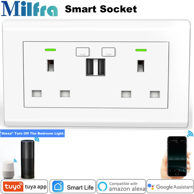 Milfra Wifi Smart Plug with USB Charger UK Smart Power Outlet Phone Control Socket for Google Assistant Alexa Tuya Smart Life
Milfra Wifi Smart Plug with USB Charger UK Smart Power Outlet Phone Control Socket for Google Assistant Alexa Tuya Smart Life