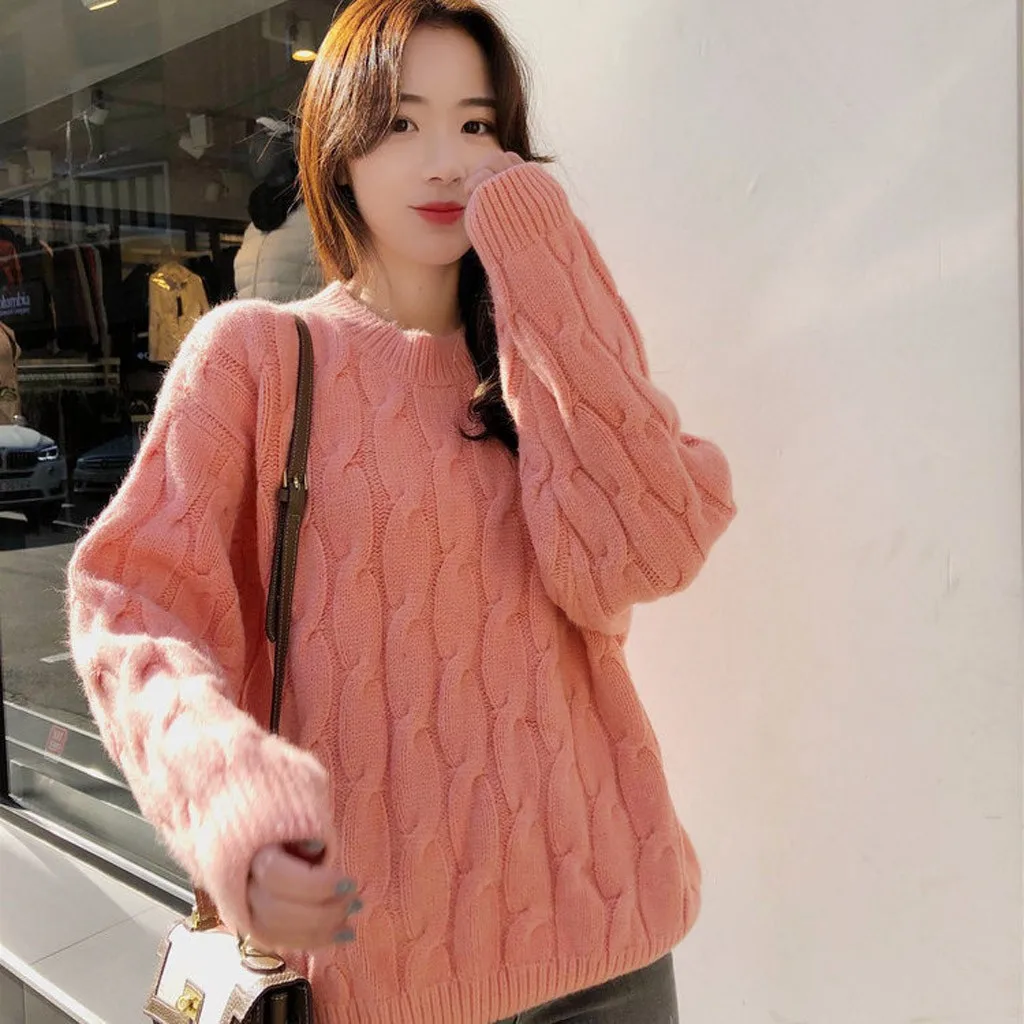Jaycosin Fashion Women Casual Simple Long Sleeve Knitting Sweater Stylish Solid Color Comfortable Warm Lazy Wind Sweater