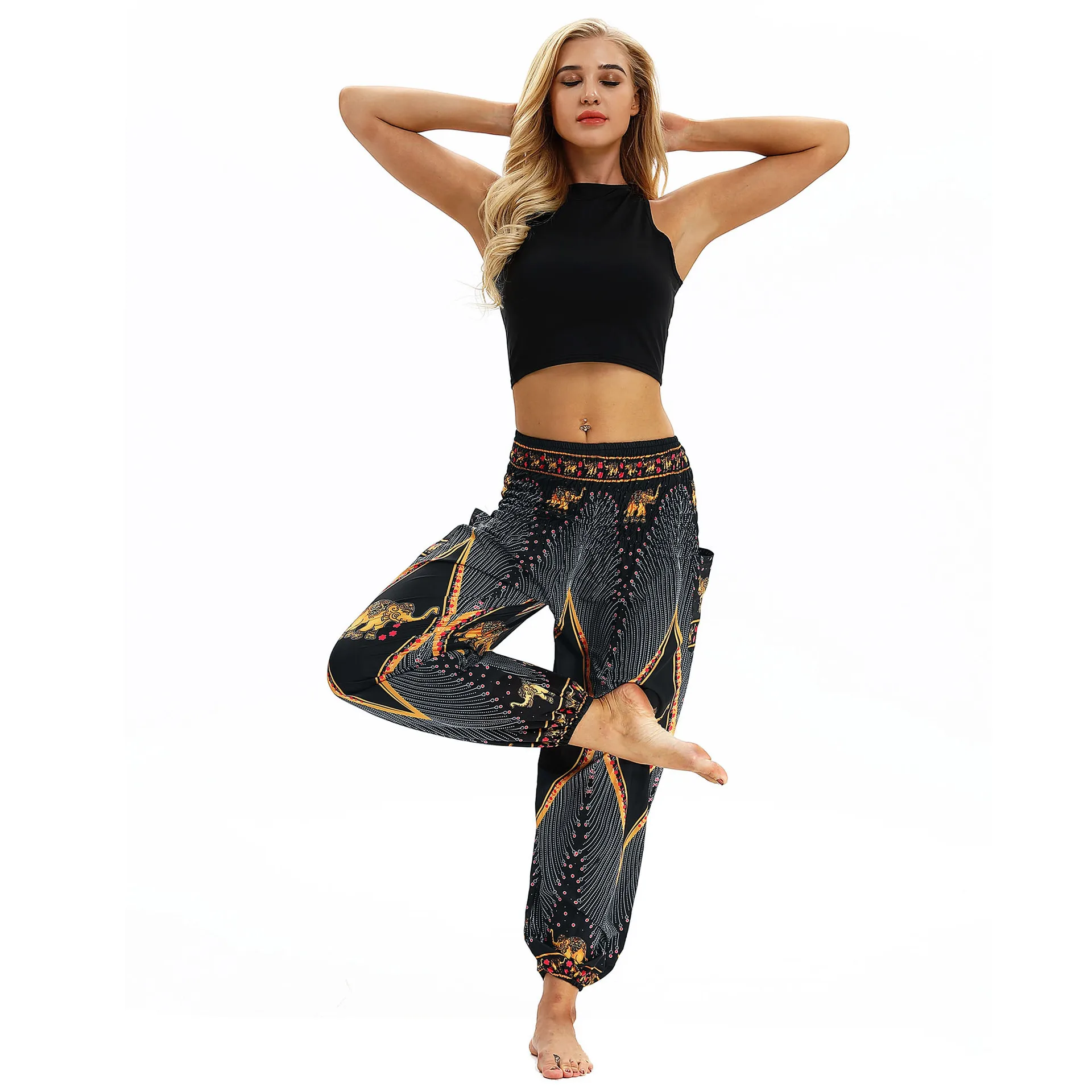 Женские свободные штаны для йоги широкие брюки с цветочным принтом длинные
