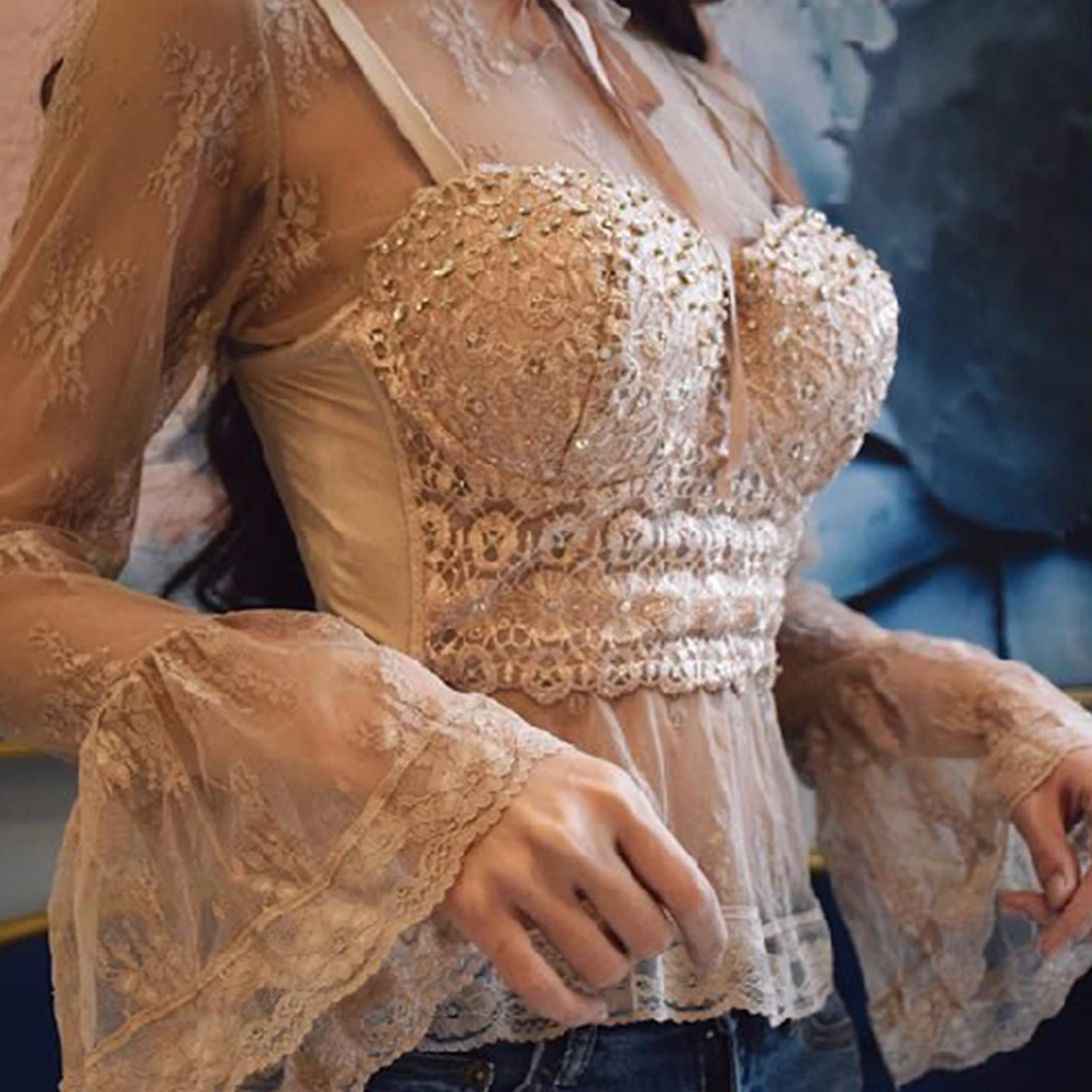 Irene Tinnie Nude Mesh Lace Bead Bustier Pearls Diamond Push Up Night Club Bralette Womens Bra Cropped Top Vest Corset