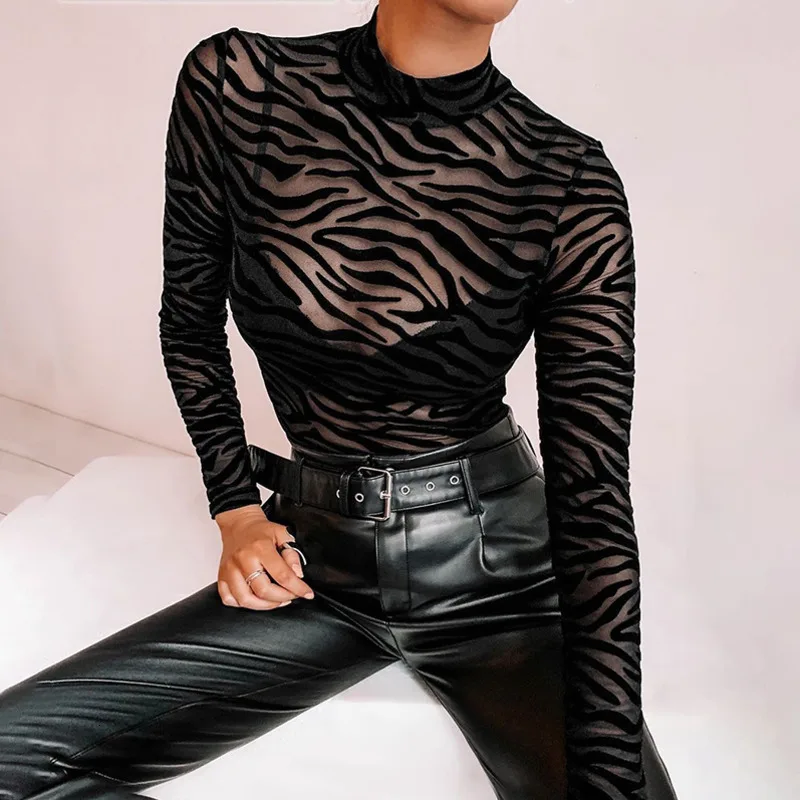 JIEZuoFang Sexy Transparent Mesh Gothic Bodysuit Women Animal Striped Pattern Long Sleeve Body Bodysuits Rave Party Outfits | Женская