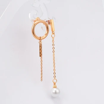 

Hongcheng Jewellery Asymmetrical Long Tassel Rose Gold Circle Pearl Titanium Steel Strip Drop Earrings for Women Jewelery HC61