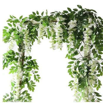 

2M Wisteria Artificial Flowers Vine Garland Wedding Arch Decoration Fake Plants Foliage Rattan Trailing Faux Flowers Ivy Wall