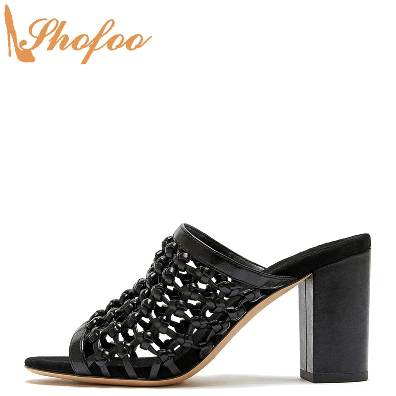 

Black High Chunky Heels Mules Peep Toe Woman Sandals Slip On Large Size 14 16 Ladies Fashion Narrow Band Casual Shoes Shofoo