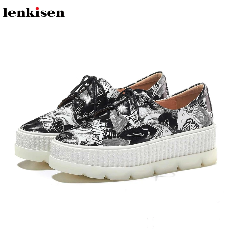 Lenkisen chic genuine leather round toe high heels thick bottom fashion streetwear Graffiti autumn women vulcanized shoes L21 
Lenkisen chic genuine leather round toe high heels thick bottom fashion streetwear Graffiti autumn women vulcanized shoes L21