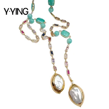 Y·YING Cultured White Keshi Pearl Amazonite Rectangle CZ pave sweater Chain Long Necklace 38"
Y·YING Cultured White Keshi Pearl Amazonite Rectangle CZ pave sweater Chain Long Necklace 38"