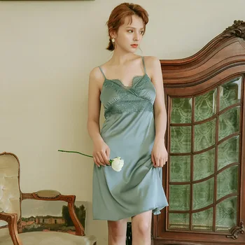 Ice Silk Strap Nightdress Female Summer Thin Lace V-neck Short Sleeping Gowns with Chest Pad Women's Home Dress Satin Nightgown
Ice Silk Strap Nightdress Female Summer Thin Lace V-neck Short Sleeping Gowns with Chest Pad Women's Home Dress Satin Nightgown