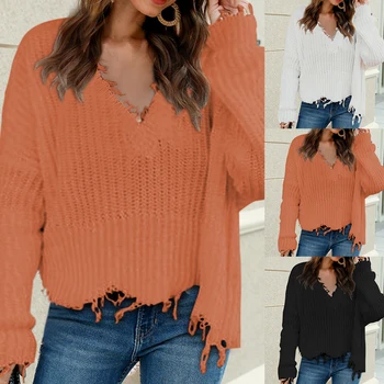 women Knitted Sweater For Women Autumn Ripped V-Neck Loose Sweater Pullovers Oversized Ladies Sexy Tassel Sweater Tops
women Knitted Sweater For Women Autumn Ripped V-Neck Loose Sweater Pullovers Oversized Ladies Sexy Tassel Sweater Tops