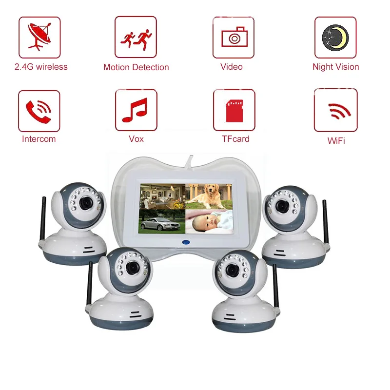 7 inch lcd multi 4 cameras baby monitor with motion detection VOX night vision intercom DVR movement sleeping monitor de baby
7 inch lcd multi 4 cameras baby monitor with motion detection VOX night vision intercom DVR movement sleeping monitor de baby
