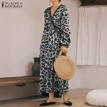 ZANZEA mujeres moda leopardo estampado vestido damas Sexy cuello en V tiras largo Maxi Vestidos bolsillos vestido veraniego para fiesta en la playa Robe mujer 7(China)
