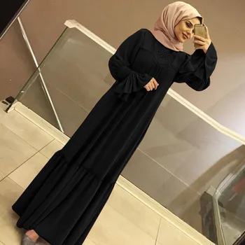 2019 autumn and winter dress women's women's Muslim solid color stitching flying sleeves pleated side large size dress large siz 
2019 autumn and winter dress women's women's Muslim solid color stitching flying sleeves pleated side large size dress large siz