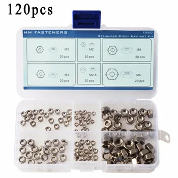 120pcs Silver Hex Nuts+box M2 M2.5 M3 M4 M5 M6 Hexagon Lock Thread Assortment