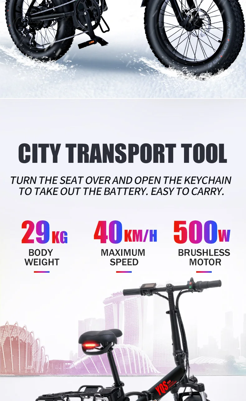 Discount YQS New 500W 40KM/h snow mountain electric bike 20inch 4.0 fat tire ebike bicicleta eletrica beach electric bicycle 10