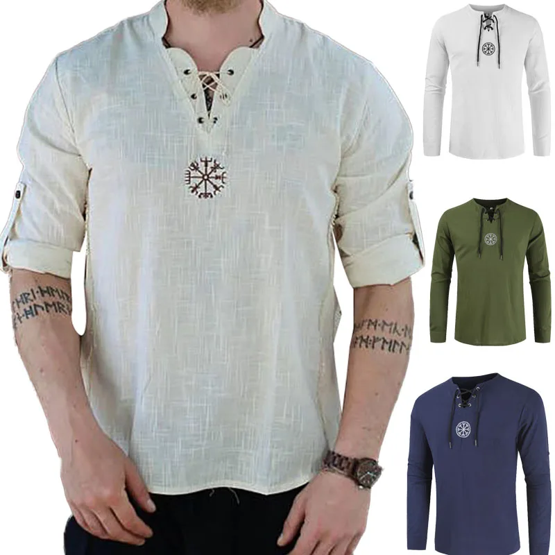 

Medieval Viking Pirate Linen Top Shirt Costume Renaissance Mens Nordic Retro T-shirt Beard Cosplay Tee Lace-Up For Adult Belted