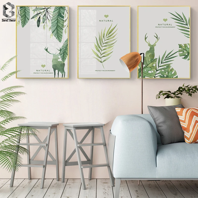 

Modern Green Tropical Plant Leaves Canvas Art Print Poster Nordic Green Plant Deer Wall Art Pictures Kids Room Decor Poster