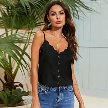 

COLROVIE Black Scallop Trim Buttoned Front Cami Top Women 2020 Summer Spaghetti Strap Solid Casual Camis and Tops