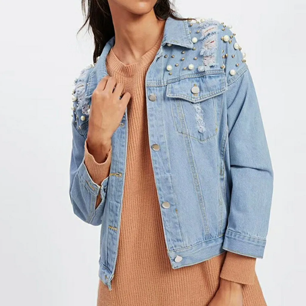 Denim Jacket Women Autumn Button Long Sleeve Pearl Beading Denim Open Front Jean Jacket Overcoat Beading Decor Women Jackets
Denim Jacket Women Autumn Button Long Sleeve Pearl Beading Denim Open Front Jean Jacket Overcoat Beading Decor Women Jackets